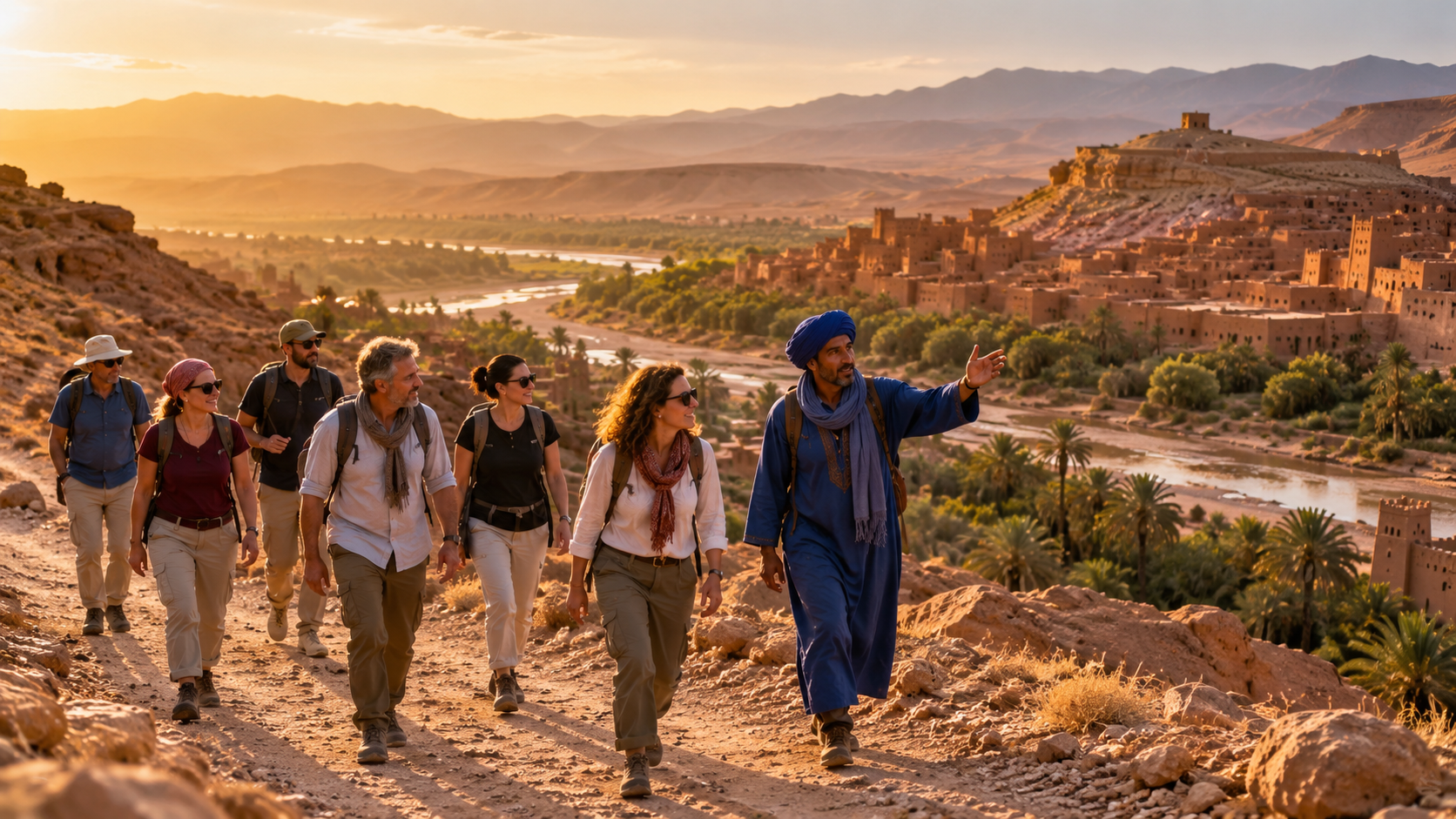 Gruppo di viaggiatori con una guida in un paesaggio del Marocco; immagine illustrativa