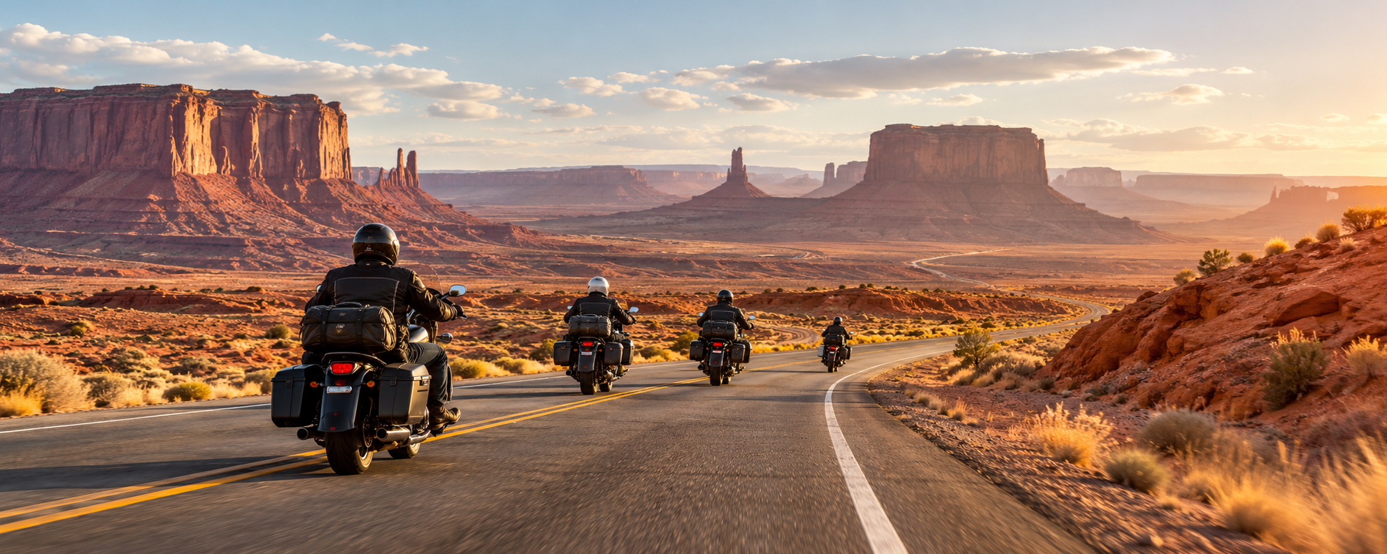 Motociclisti lungo una strada del deserto americano; immagine illustrativa